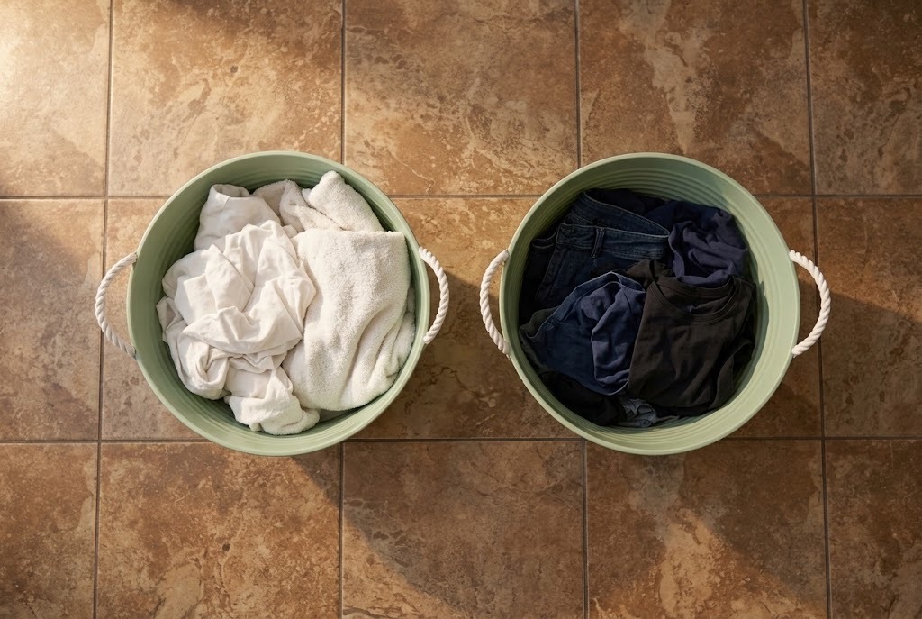 Laundry sorted by color and fabric before washing